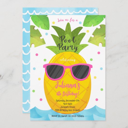Ananas Pool Party Verjaardag Uitnodiging (Voorkant / Achterkant)