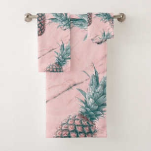 Ananas & Roze Marmer Draai Modern Tropisch Chic Bad Handdoek