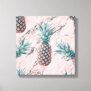 Ananas & Roze Marmer Draai Modern Tropisch Chic Canvas Afdruk