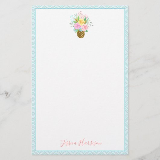 Ananas Rozen Bouquet Pink Yellow Blue Briefpapier (Voorkant)