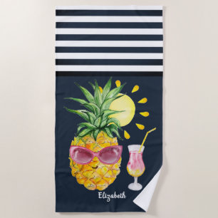 Ananas Sun Cocktail Navy Blue Striped Strandlaken