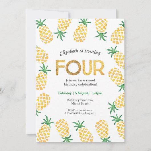 Ananas tropical 4e anniversaire Invitation (Devant)