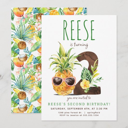 Ananas tropical Invitation du deuxième anniversair (Devant / Derrière)