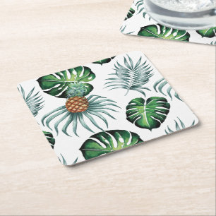 Ananas Tropisch fruit & blad watercolor patroon Vierkante Kartonnen Onderzetter