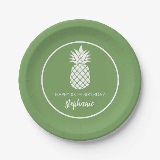Ananas Verjaardagsfeest Groen Wit Papieren Bordje (Voorkant)