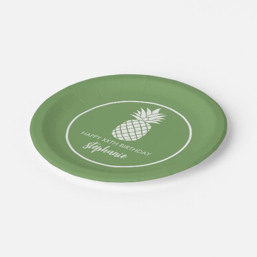 Ananas Verjaardagsfeest Groen Wit Papieren Bordje (Gekanteld)