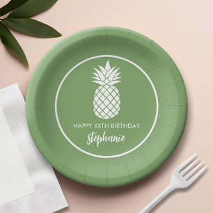 Ananas Verjaardagsfeest Groen Wit Papieren Bordje