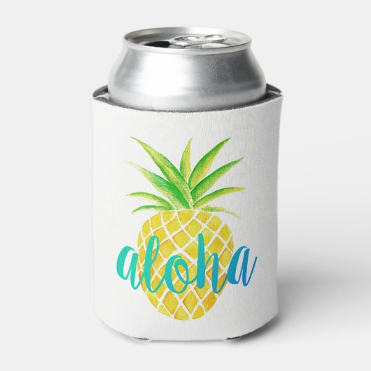 Ananas Waterverf Tropisch Monogram Turquoise Blikjeskoeler (Blikje Voorkant)