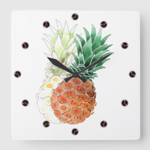 Ananas, waterverf. vierkante klok