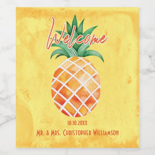 Ananas Weddenschap Welkomstmonogram Geel Wijn Etiket (Enkel label)