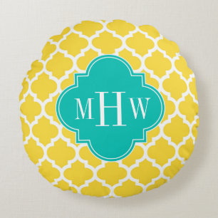 Ananas Wht Moroccan #5 Teal 3 Initieel Monogram Rond Kussen