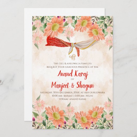 Anand Karaj invitation et cartes mariages Sikh (Devant / Derrière)