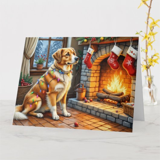 Anatolian Shepherd Fireplace with Christmas Lights Kaart (Gele Bloem)