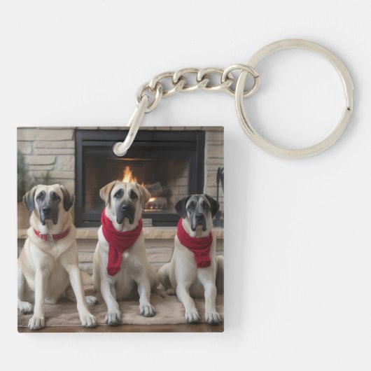 Anatolische herder bij de open haard Kerstmis Sleutelhanger (Achterkant)