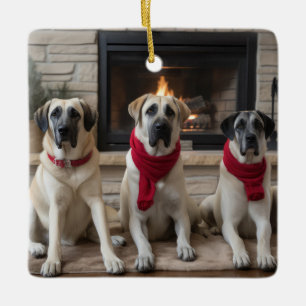 Anatolische Herdershond bij de Haard Kerstmis Keramisch Ornament