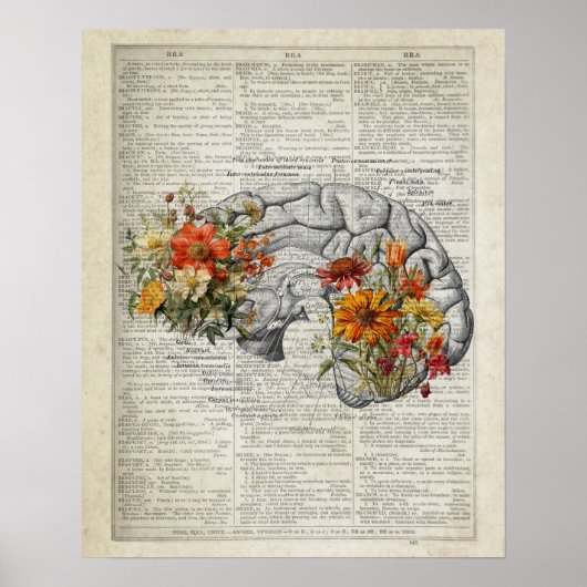 Anatomie Brain Floral Dictionary Art Collage Poster (Voorkant)