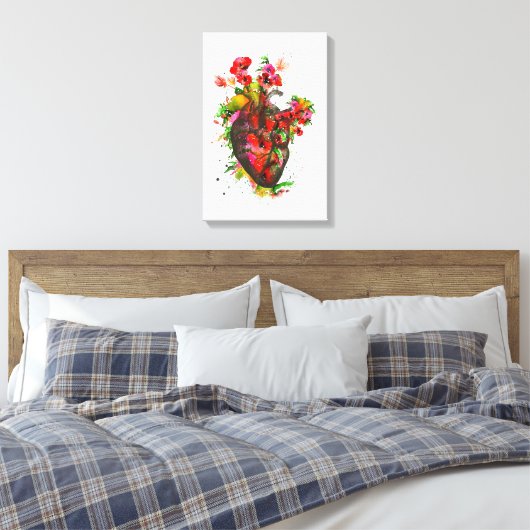Anatomisch hart met bloemen, floreel hart canvas afdruk (Insitu (Slaapkamer))