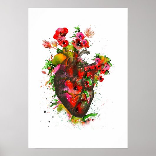 Anatomisch hart met bloemen, floreel hart poster (Voorkant)