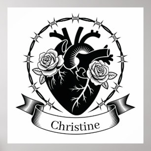 Anatomische Hart Tattoo: Zwart en Wit Ontwerp  Poster