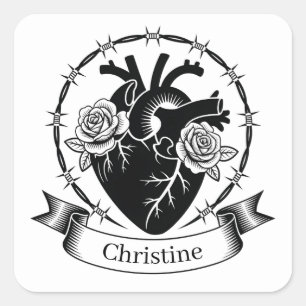 Anatomische Hart Tattoo: Zwart en Wit Ontwerp Vierkante Sticker