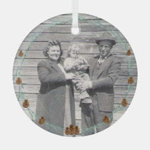 Ancestors Family Photo Pinecones and Boughs Glas Ornament