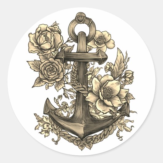"Anchor and Roses" Ronde Sticker (Voorkant)