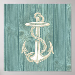Anchor Aqua Wood Beach Poster
