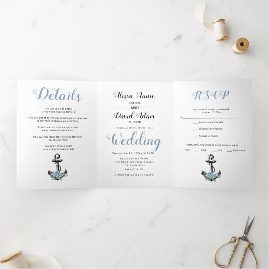 Anchor en stoffige blauwe bloemen nautische bruilo drieluik uitnodiging (Binnen)