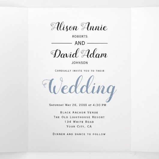 Anchor en stoffige blauwe bloemen nautische bruilo drieluik uitnodiging (Binnenkant midden)