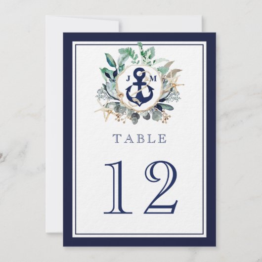 Anchor Monogram Greenery Navy Wedding Table Number (Voorkant)