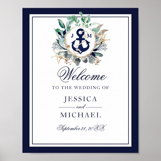 Anchor Monogram Greenery Wreath Wedding Welkom Poster (Voorkant)