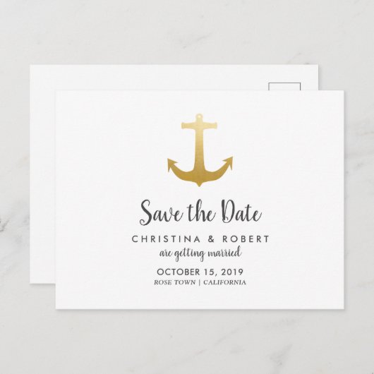 Anchor Nautical Faux Gold Foil | Datum opslaan Aankondigingskaart (Voorkant / Achterkant)