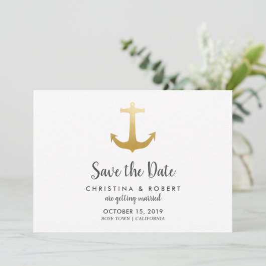Anchor Nautical Faux Gold Foil | Datum opslaan Kaart (Staand voorkant)