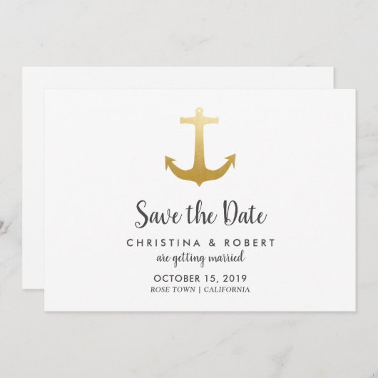 Anchor Nautical Faux Gold Foil | Datum opslaan Kaart (Voorkant / Achterkant)