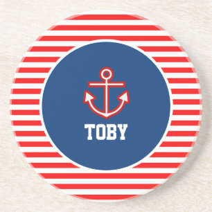Anchor Nautical Navy Red en White Stripes Zandsteen Onderzetter