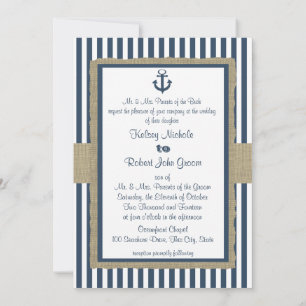 Anchor Navy Blue Stripes Beach Wedding Kaart