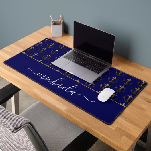 Anchor Or faux éclats bleu marine Monogram nom (Bureau 2)
