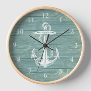 Anchor Rustic Aqua Green Wood Wall klok