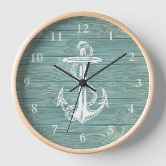 Anchor Rustic Aqua Green Wood Wall klok (Voorkant)