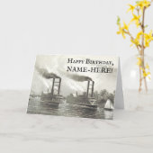 Ancien bateau à vapeur sur la carte d'anniversaire (Fleur jaune)