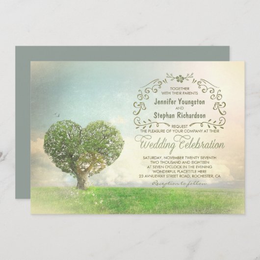Ancien coeur d'arbre invitations de mariage rustiq (Devant / Derrière)