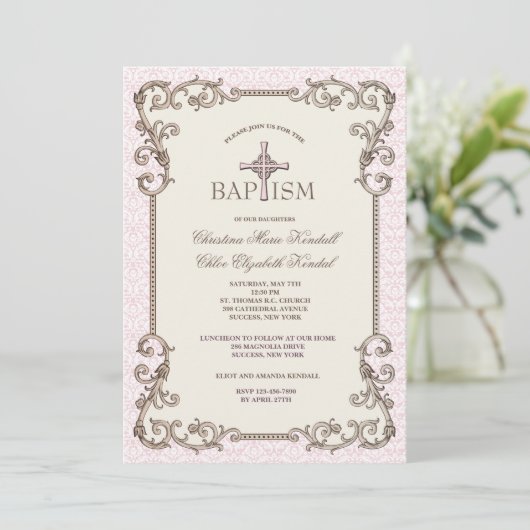Ancien Monde Pink Baptism Twins Invitation (Debout devant)
