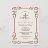 Ancien Monde Pink Baptism Twins Invitation (Devant / Derrière)