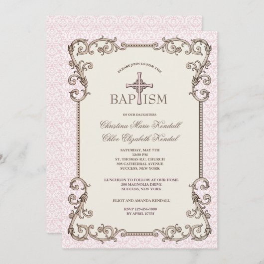 Ancien Monde Pink Baptism Twins Invitation (Devant / Derrière)