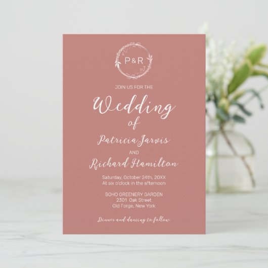 Ancien Monogramme Rose Élégant Mariage Invitation (Debout devant)