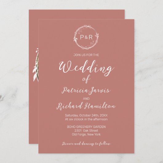 Ancien Monogramme Rose Élégant Mariage Invitation (Devant / Derrière)