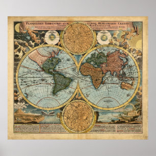 Ancienne carte du monde 1716 Impression d'affiche