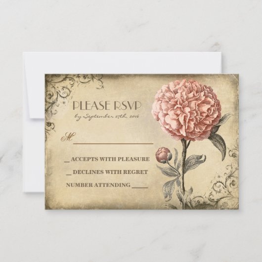 ancienne carte RSVP mariage avec fleur de pivoine (Devant)
