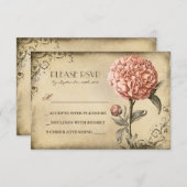 ancienne carte RSVP mariage avec fleur de pivoine (Devant / Derrière)