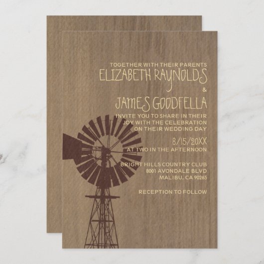 Ancienne invitation au mariage de moulin à vent (Devant / Derrière)